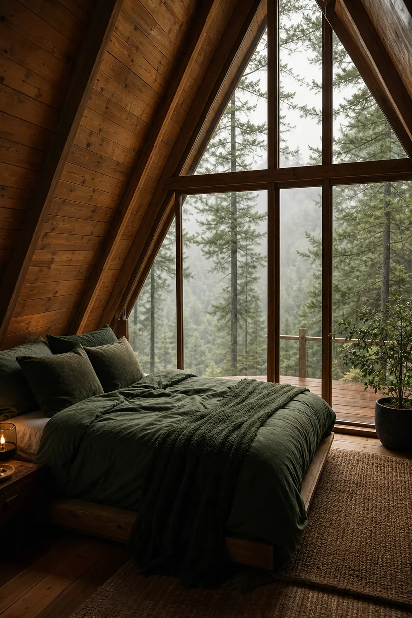 A cozy cabin bedroom photo, the starting input