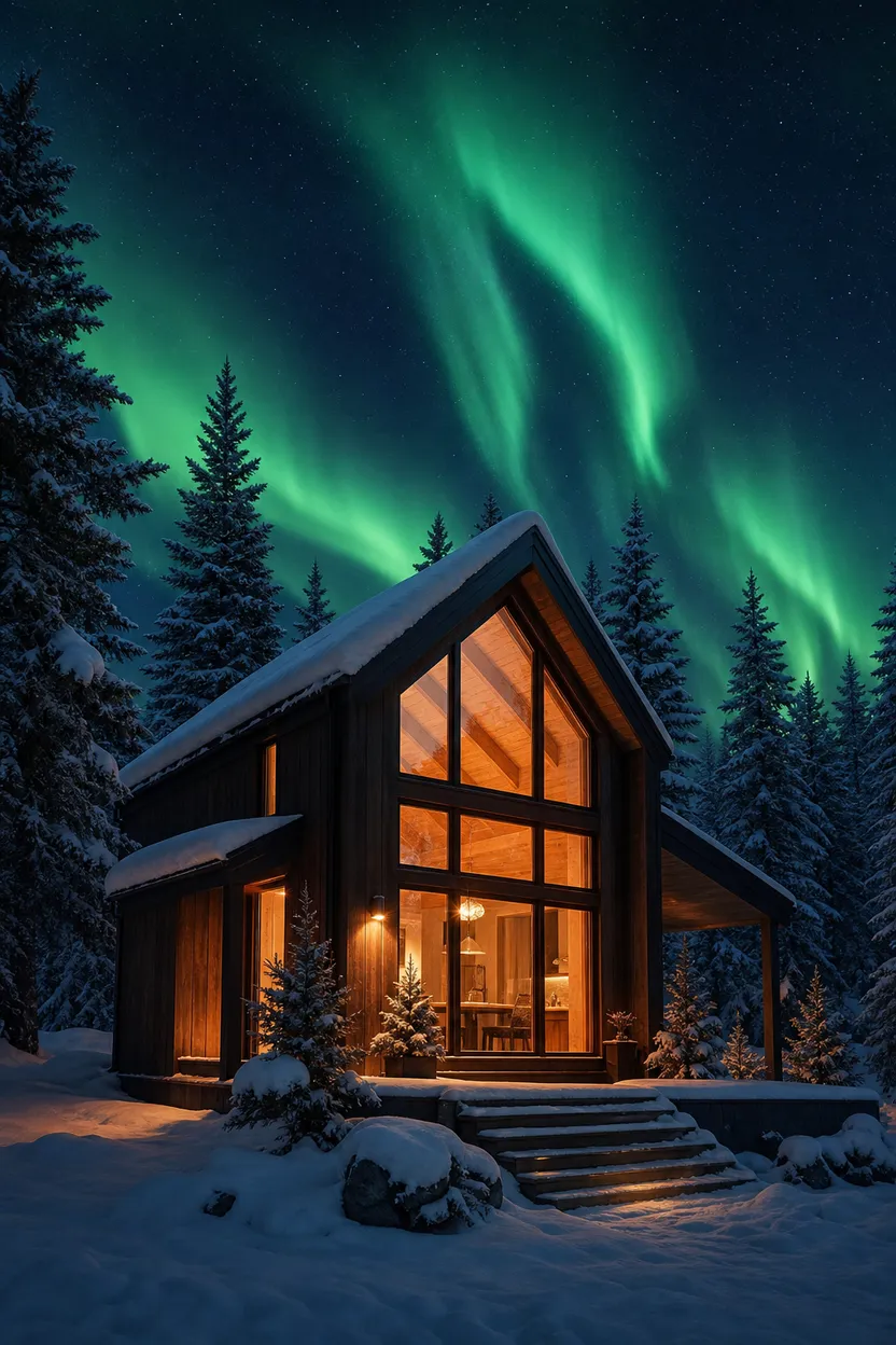 The cabin transformed into a winter scene with northern lights