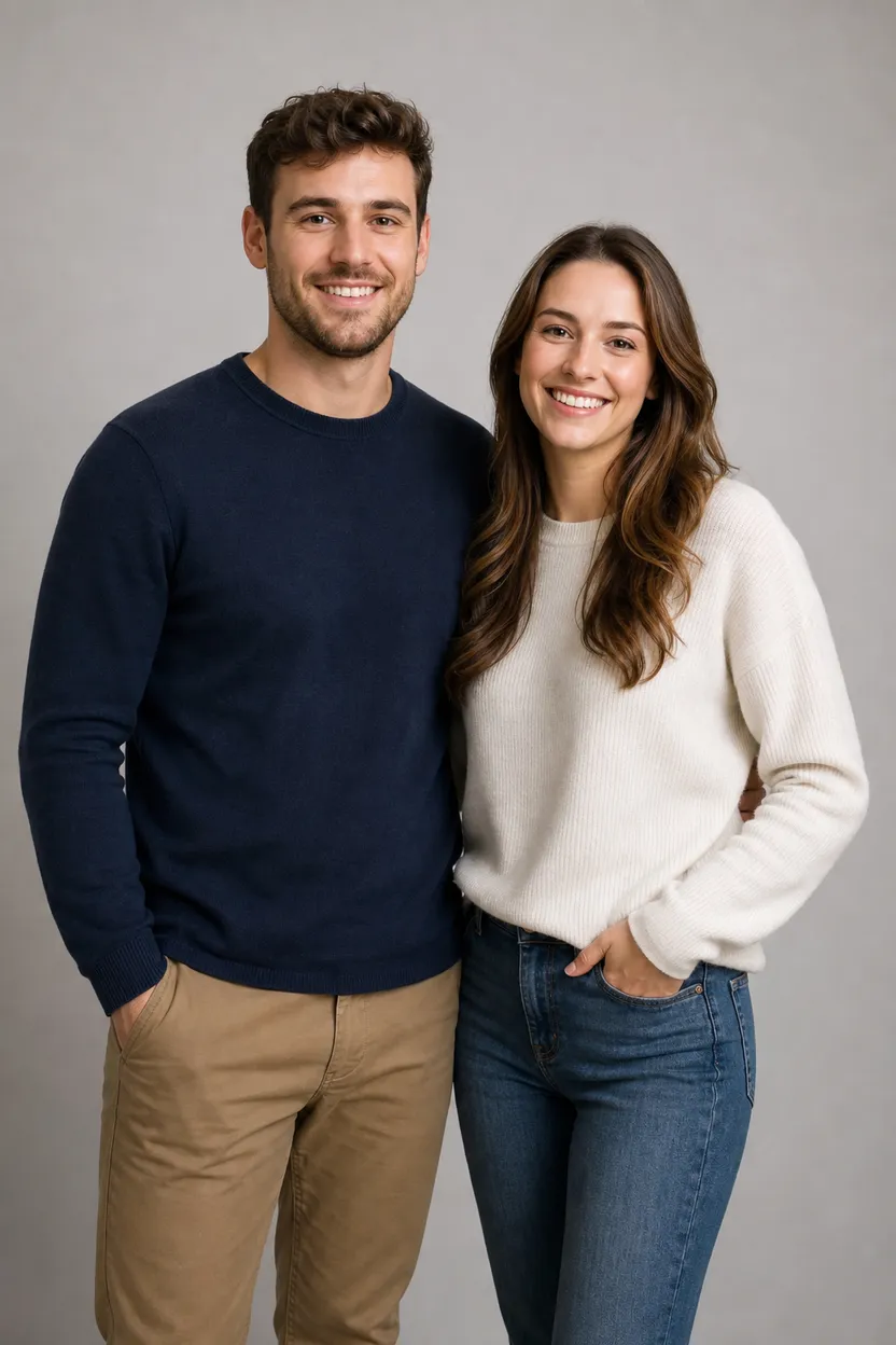 AI collab scene: two people together in one studio shot
