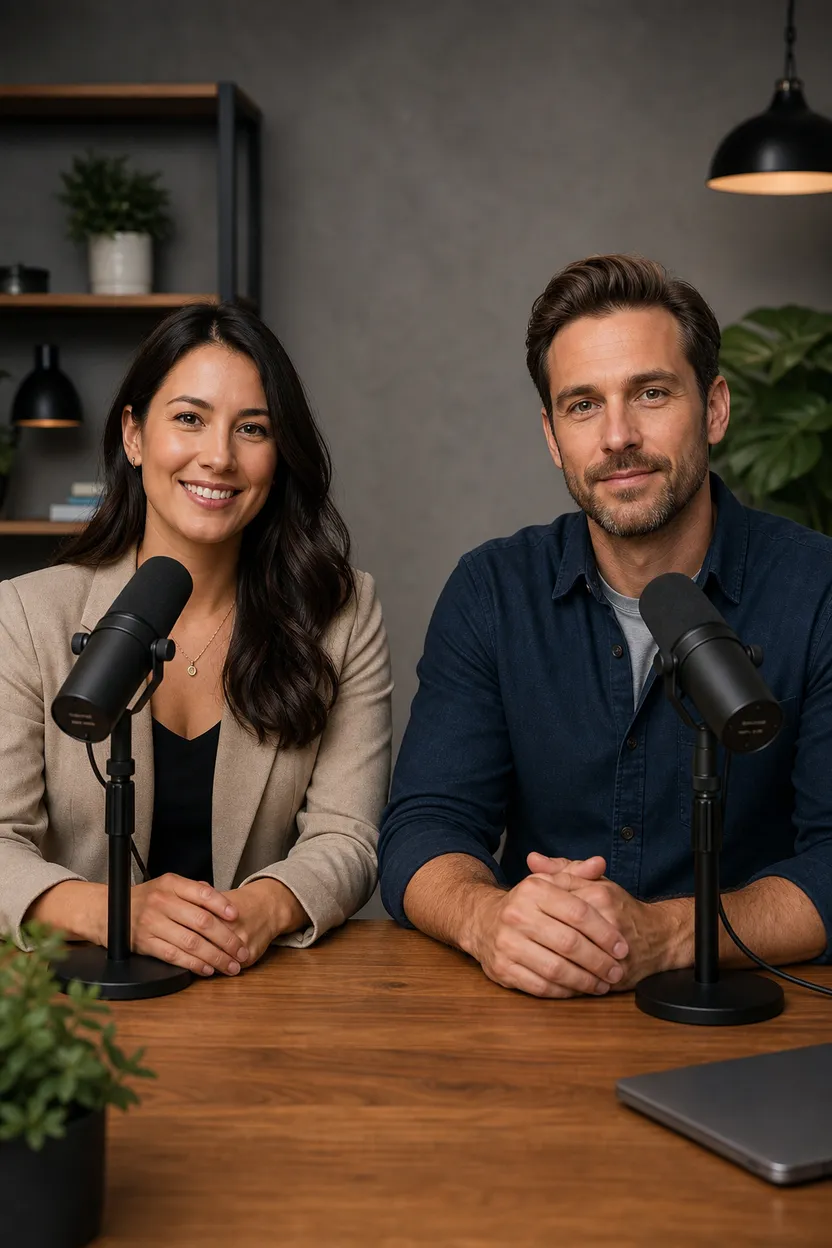 AI collab scene: two podcast hosts at a desk