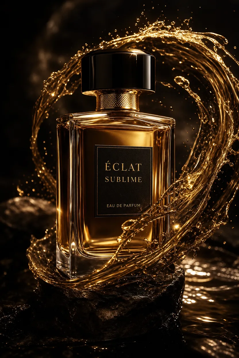 AI text to image result: photoreal luxury perfume product still