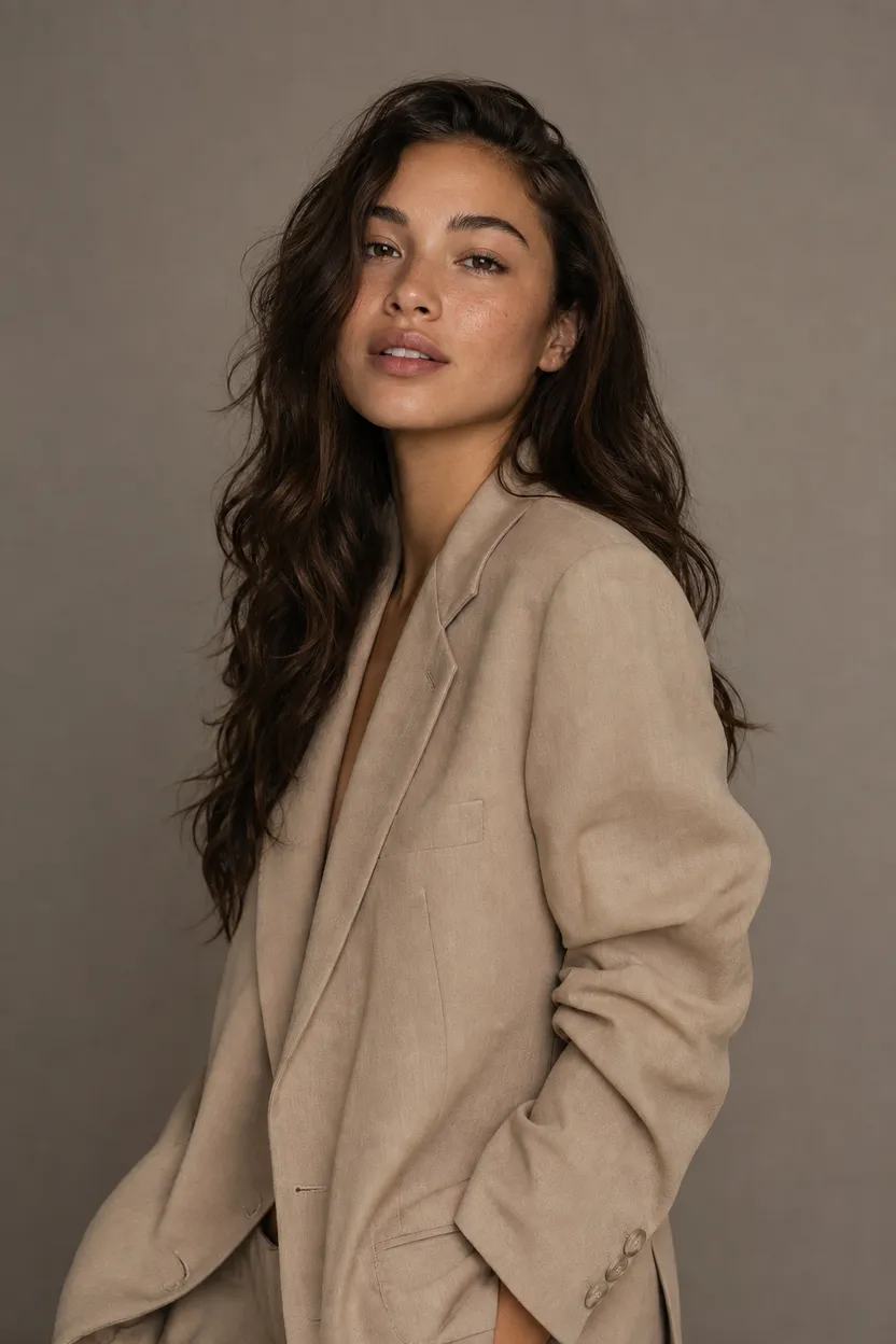 AI photoshoot result: editorial studio look in a beige blazer