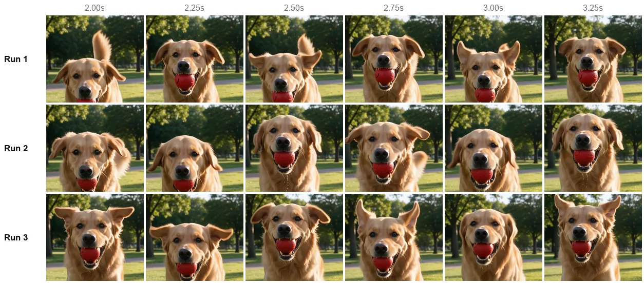 The dog's head from 2.0 to 3.25 seconds in all three runs; in runs 1 and 3 the ears switch between floppy and pointed