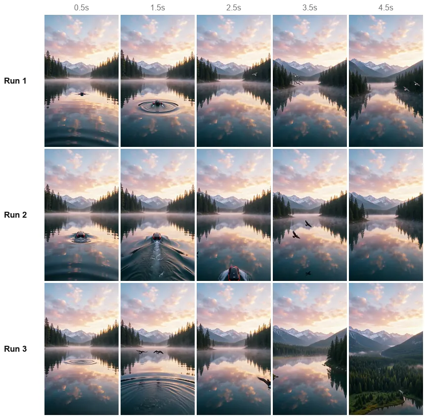 Five frames from each lake run: runs 1 and 2 show a drone on the water, run 3 rises over the forest