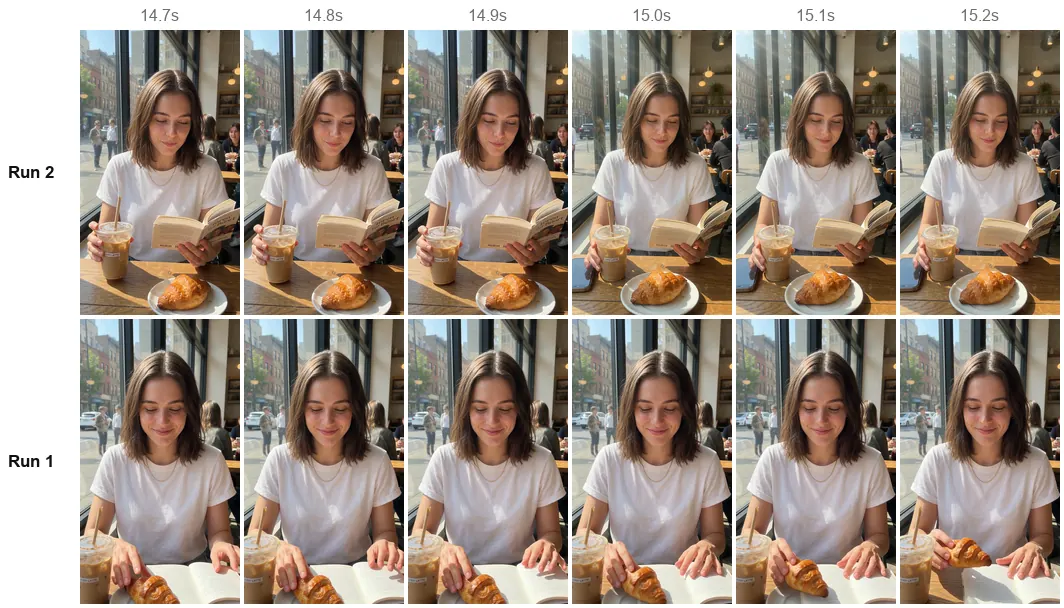 Frames from 14.7 to 15.2 seconds: run 2 jumps to a new angle at 15.0 s, run 1 continues smoothly