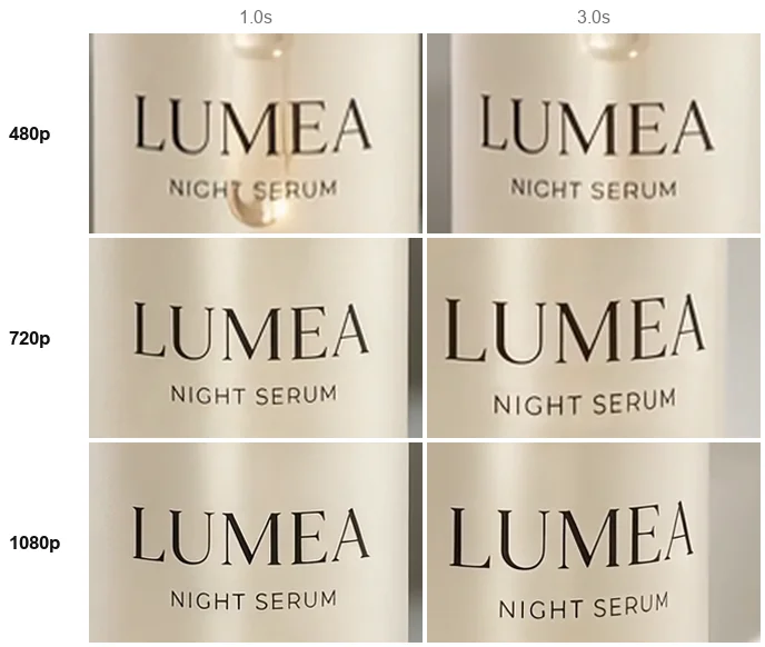 The LUMEA NIGHT SERUM label at 480p, 720p and 1080p; at 480p NIGHT reads as NICHT