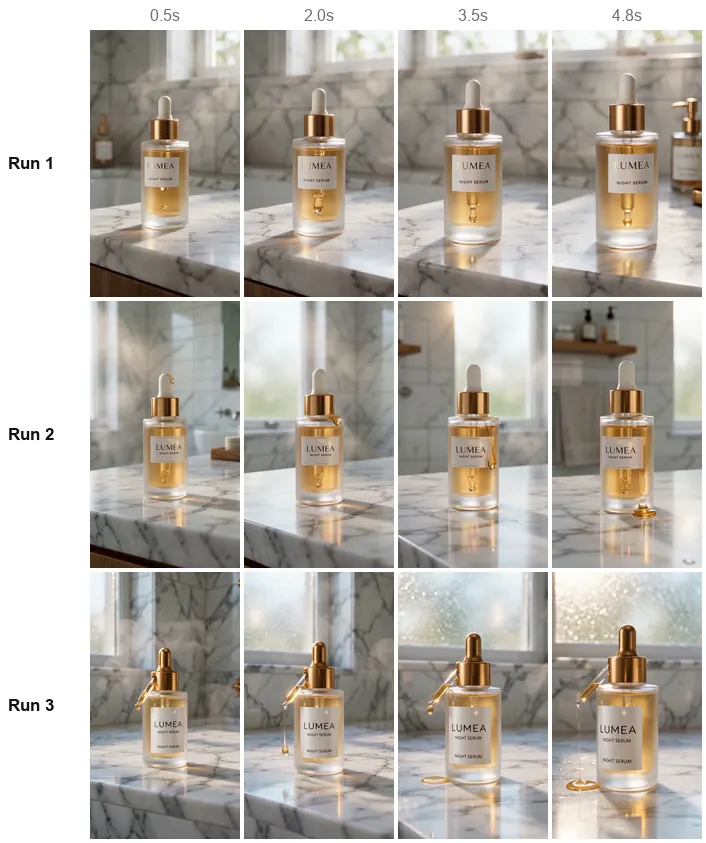 Four frames from each text-to-video run: run 2 is clean, run 3 has a second dropper sticking out of the bottle