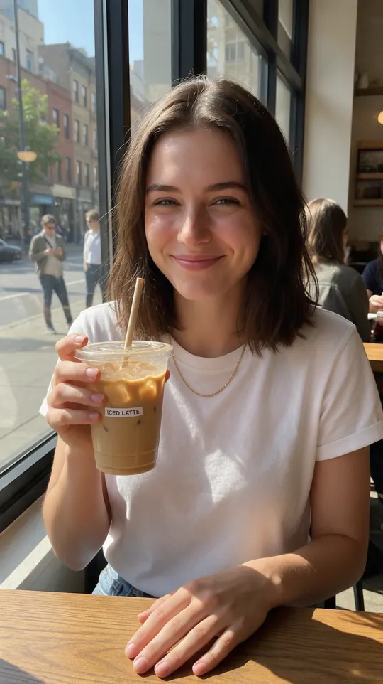 A young woman at a sunny cafe table holding an iced latte