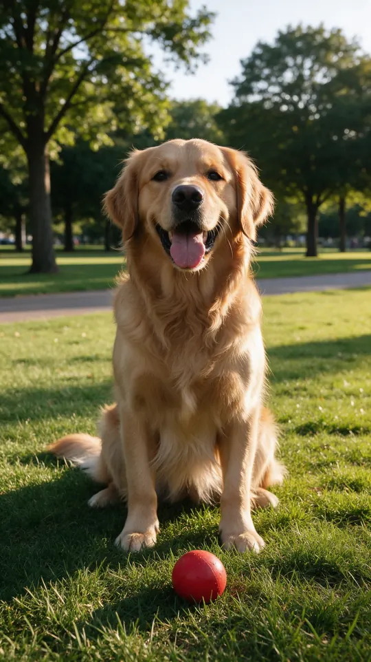 Starting image: a golden retriever sitting on a park lawn with a red ball in front of its paws