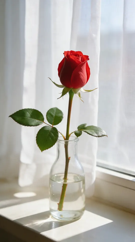 First frame: a closed red rose bud in a glass vase on a sunny windowsill